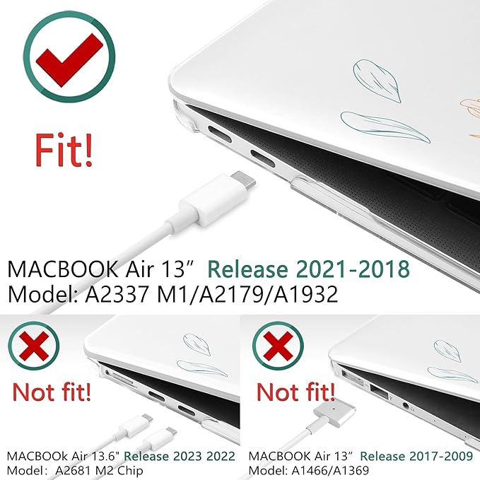 TWOLSKOO for MacBook Air 13.3 inch Case 2021 2020 2019 2018 Release M1 A2337 A2179 A1932 with Touch ID, Plastic Hard Shell Case & Keyboard Cover & Type C Adapter, Engraved Floral
