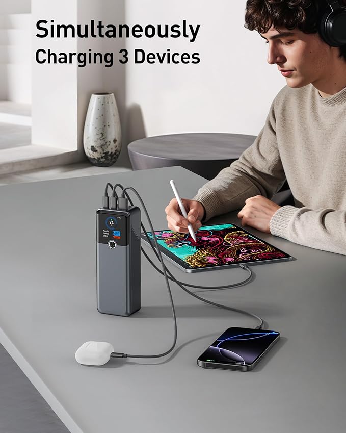 SIXTHGU Laptop Power Bank, 3-Port 20,000mAh Portable Charger with 200W Max Output, PD 3.1 Fast Charging, Flight-Approved for Travel, PowerTower, for MacBook, iPhone 17/16 Series, and More（Beige）