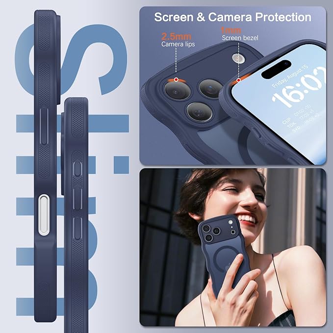 BENTOBEN Magnetic for iPhone 17 Pro Case, Cute Wavy Full Camera Protection [Compatible with MagSafe] Matte Anti-Slip Bumper Women Girls Boys Protective Cover for 17 Pro 6.3", Deep Blue
