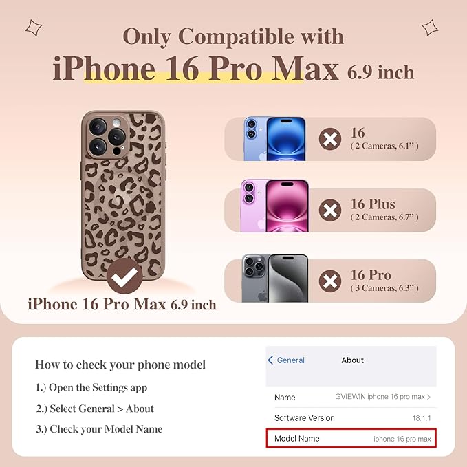 GVIEWIN for iPhone 16 Pro Max Case Compatible with MagSafe, [Military Grade Protection] [Screen Protector] Full Camera Protection Floral Translucent Women Magnetic Phone Case, Leopard/Brown