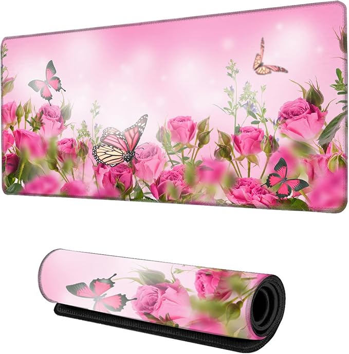 Desk Mat,Spring Pink Rose Floral Butterfly Mouse Pad Large Gaming for Desk,Non-Slip Rubber Base Mousepad,31.5x15.7 Inch for Office Home Work & Game