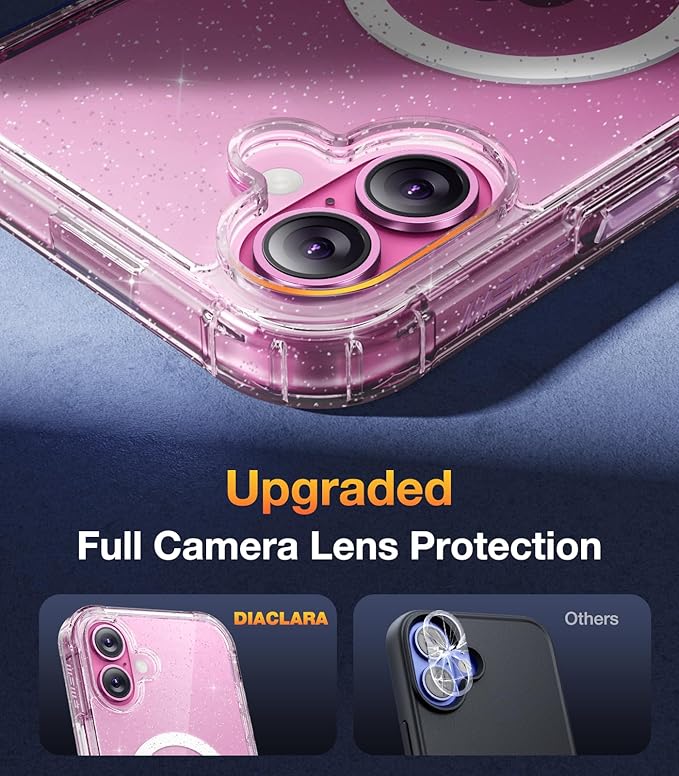 Diaclara Magnetic Designed for iPhone 16 Case, Compatible with MagSafe Built-in Touch Sensitive Anti-Scratch Screen Protector, Upgraded [Full Camera Protection] for iPhone 16 6.1" (Clear Glitter)