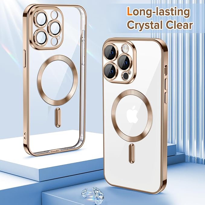 Hython Magnetic Clear for iPhone 14 Pro Max Case with Camera Lens Protector [Compatible with MagSafe] Plating Edge Slim Soft TPU Cover Protective Phone Case for iPhone 14 Pro Max 6.7", Desert Brown