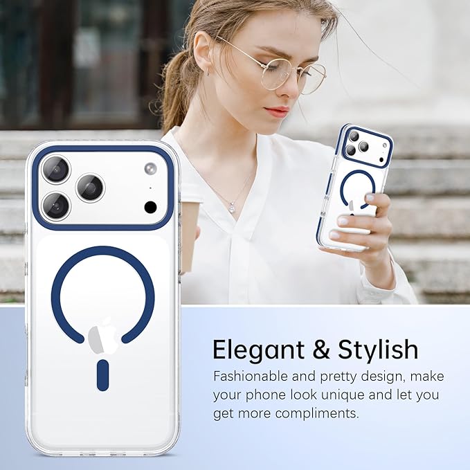 BENTOBEN Magnetic for iPhone 17 Pro Case 6.3", Compatible with Magsafe Military Shockproof Protective Cute Transparent Slim Anti-Yellowing Phone Case for iPhone 17 Pro Cover, Clear Deep Blue