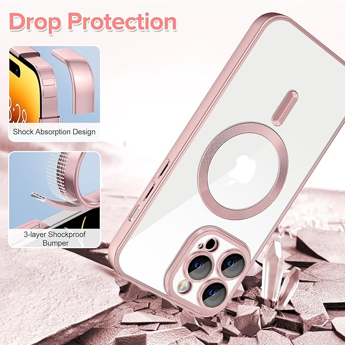 Hython Magnetic Clear for iPhone 14 Pro Max Case with Camera Lens Protector [Compatible with MagSafe] Plating Edge Slim Soft TPU Cover Protective Phone Case for iPhone 14 Pro Max 6.7", Matte Pink