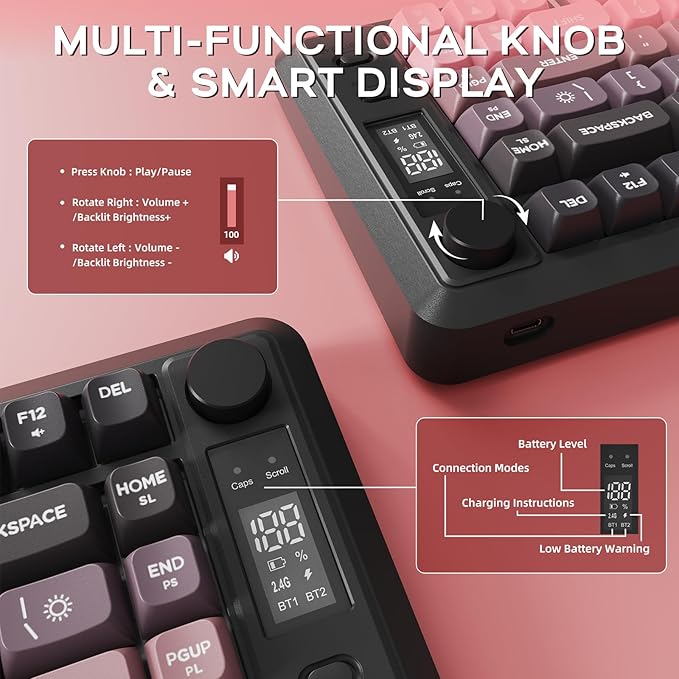 FREEWOLF M75 Wireless Gaming Keyboard Mechanical Feel Membrane with Knob & OLED Display Bluetooth/2.4Ghz Rainbow Backlit Gradient PBT Keycaps 2000mAH Battery Anti-Ghosting-Pink