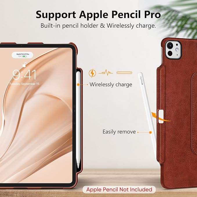Fintie Rotating Case for iPad Pro 13-inch (M5) 2025 / (M4) 2024 with Pencil Holder - 360 Degree Swiveling Protective Stand Cover with Auto Wake/Sleep, Brown