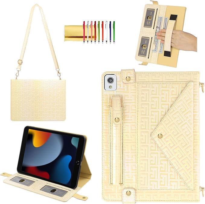 Shiny Case for iPad 9th 8th 7th Gen 10.2"/iPad Air 2019/iPad Pro 10.5, Techcircle Crossbody Iridescent Folio Stand Wallet Case with Pencil Holder+Card Slots+Hand Strap+Shoulder Strap, Shiny Yellow