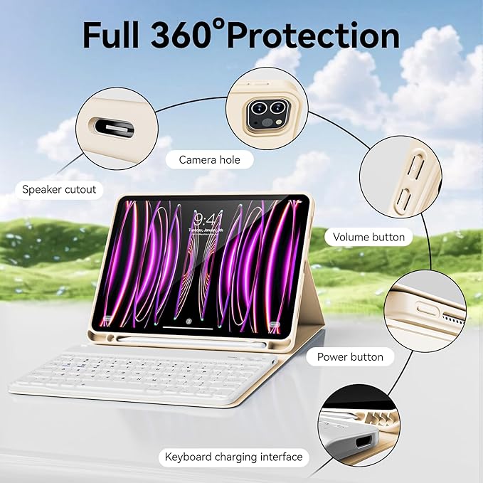Keyboard Case for iPad Pro 11 Inch 4th Generation/Pro 3rd Gen/Pro 2nd Gen with Pencil Holder, Folio Detachable Wireless Bluetooth Keyboard & Flip Stand Case for iPad Pro 11 Inch, Cream White