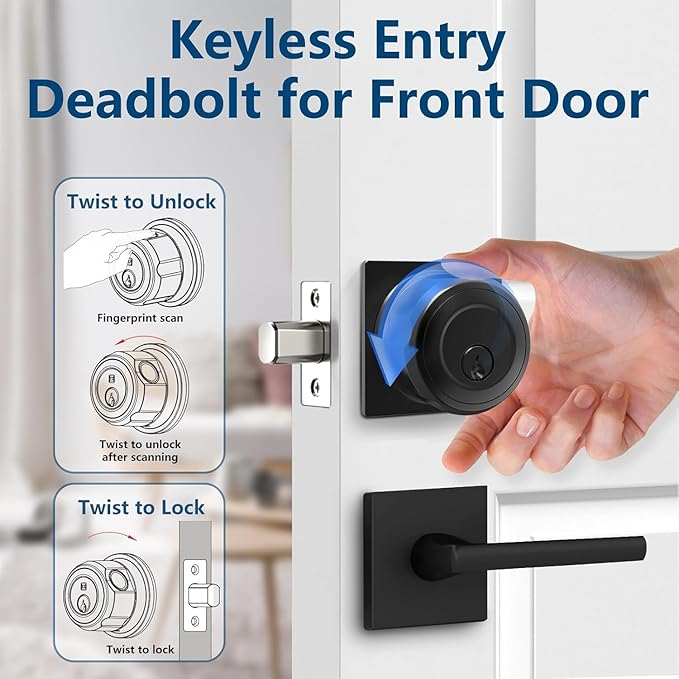 GeekTale Fingerprint Deadbolt, Fingerprint Door Knob, Smart Deadbolt Lock, Smart Door Lock, Twist to Lock&Unlock, Keyless Entry Door Lock with App, for Front Door, Garage, Easy Installation