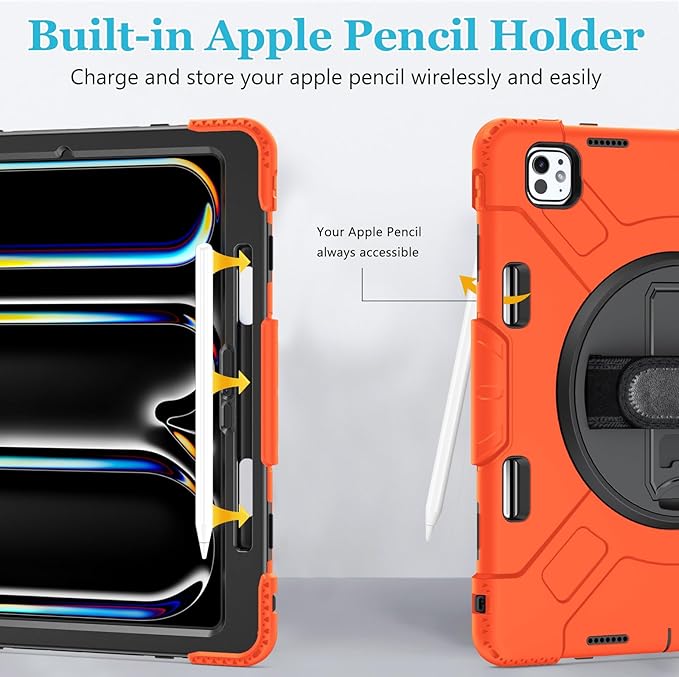 Case for iPad Pro 13 Inch M5 2025/ M4 2024: Military Grade Cover for iPad Pro 13" with Screen Protector - Stand - Handle - Shoulder Strap - Pencil Holder- Orange