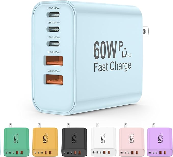 USB C Charger Block, 60W 5 in 1 Charging Blocks, PD 3.0 Fast Charger, QC 2A Blue Wall Plug Multiport Type C Charging Block for iPhone 17 16 15 14 13 12 Pro Max, iPad, iPod, Samsung, AirPods Pro