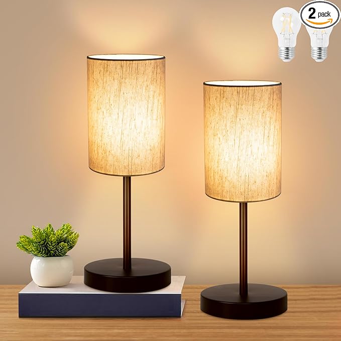RISLG 2 Pack Small Table Lamps for Bedroom, Bedside Lamps for Nightstand with Wire Switch, Minimalist Modern Desk Lamps with Linen Fabric Shade for Kids Room Living Room Office Dorm, Bulb Included