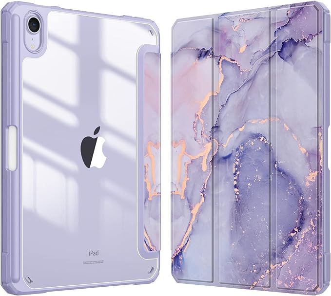 Fintie Hybrid Slim Case for iPad Mini 7 (A17 Pro, 7th Generation) 2024 / iPad Mini 6 (6th Gen) 8.3 Inch, [Built-in Pencil Holder] Shockproof Cover Clear Transparent Back Shell, Lilac Marble