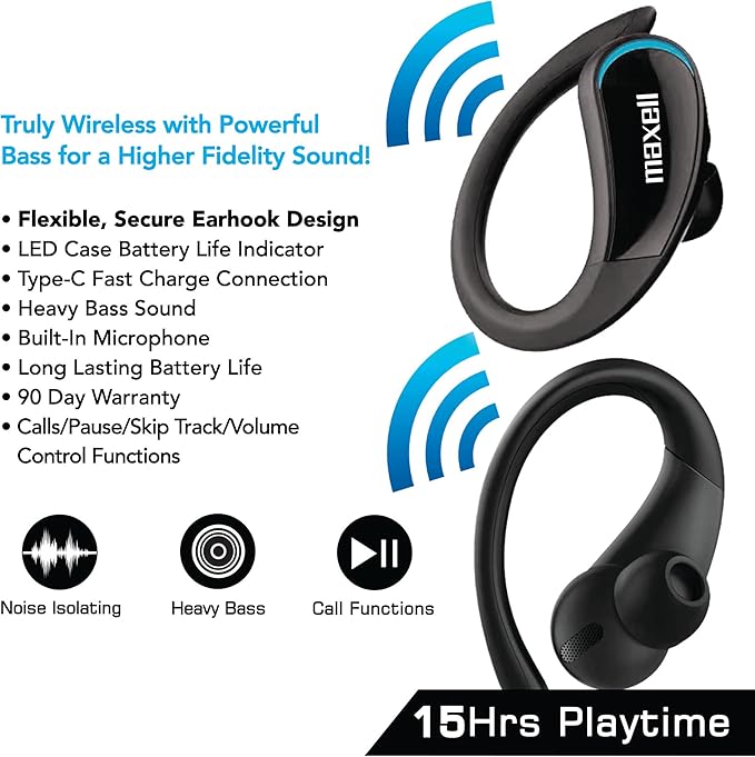 Maxell True Wireless Earbuds with Earhooks - 15H Battery Life, Bluetooth 5.0, Noise Isolating, Heavy Bass, Call Functions - TWS Bluetooth Earphones with Charging case for Sport, Running, Workout