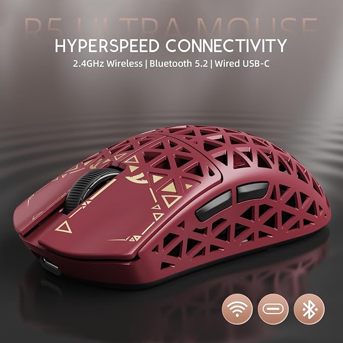 ATTACK SHARK R5Ultra 8K Carbon Fiber Wireless Gaming Mouse with 42000 DPI -PAW3950 MAX Sensor -39g Ultra-Lightweight-Nordic 52840 MCU Chip-Wired/BT/2.4GHz Wirelss Programmable Mouse for PC/Mac (Red)