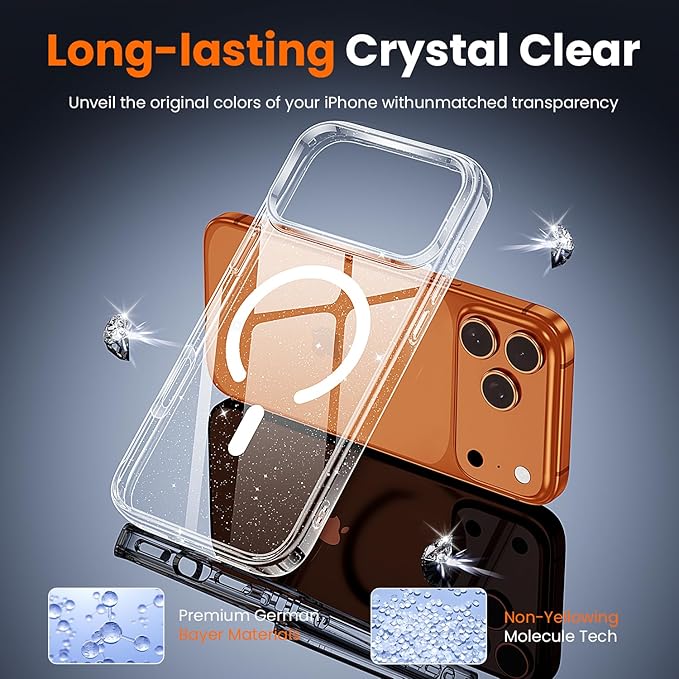 toushion 3 in 1 for iPhone 17 Pro Case Clear Glitter,Fits MagSafe, Not Yellowing, Screen Protector*1 Camera Lens Protector*1, Military-Grade Protection for Phone Cover 6.3 inch