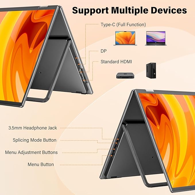 InnoView Dual Portable Monitor 18" 2560x1600P 100Hz 2K 100% DCI-P3 - Foldable & Stackable Design with 315° Screen Adjustment & 180° Stand | DP/USB-C/HDMI, Second Monitor for Laptop, Mac, Windows