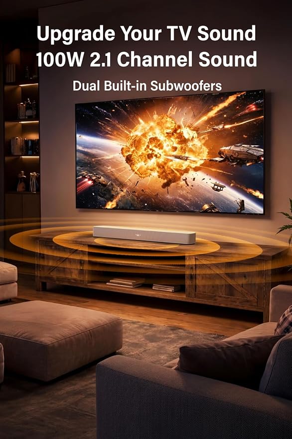 FUNLOGY Sound Bar for Smart TV, 100W 2.1ch Bluetooth 5.0 Soundbar with HDMI ARC, Optical & AUX, Remote Control, for Projector and Gaming, White