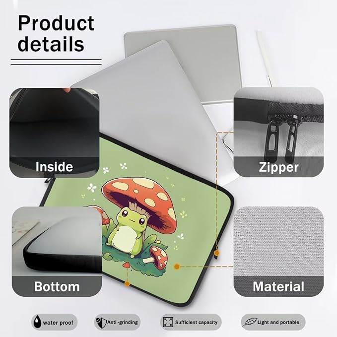 Cute Frog Laptop Protective Sleeve for Women Men 10 Inch Computer Sleeve Neoprene Laptop Bag Mushroom Lap Top Case Suitable for Travel School Office Organizers Green