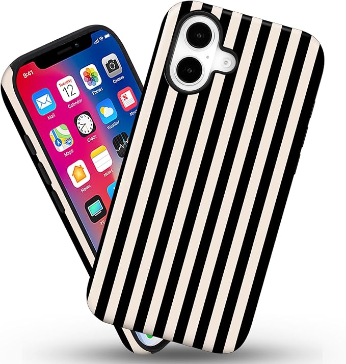 Magnetic for iPhone 16 Case Cute Stripes Phone Case, Shockproof Slim TPU and Hard PC Protective Phone Cover Compatible with MagSafe Designed for Women Girls, Black and White