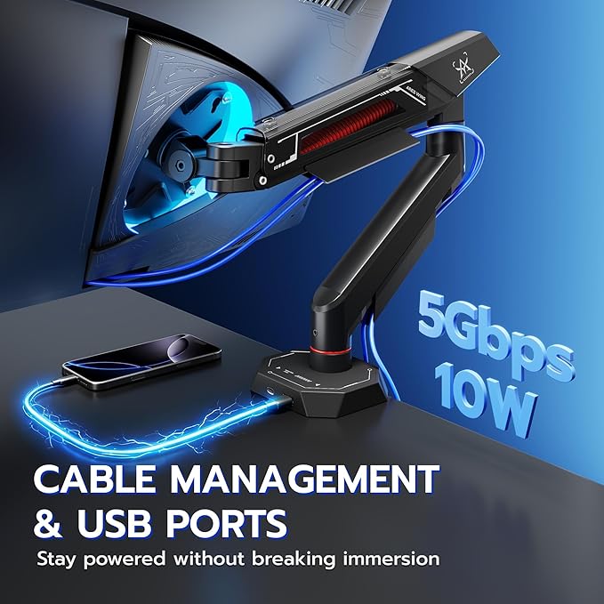 ARES WING Heavy Duty Single Monitor Arm, Fully Adjustable Single Monitor Mount for 17-40 Inch Flat Curved Ultrawide Screens Up to 26.5lbs with USB A/C, C-Clamp & Grommet Base, 75/100 Vesa Mount, Black