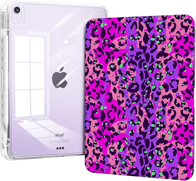 for iPad Air 11 inch Case M4/M3/M2 (2026/2025/2024), iPad Air 5th/4th Generation Case 10.9-inch 2022/2020 Leopard, Origami Trifold Stand Clear Back Cover with Pencil Holder, Purple Cheetah
