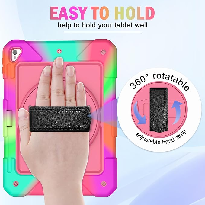 BMOUO Case for iPad 6th/5th Generation Case (9.7 inch, 2018/2017), 360°Rotating Stand, Hand/Shoulder Strap Shockproof iPad 9.7” Case for iPad Air 2, Rose
