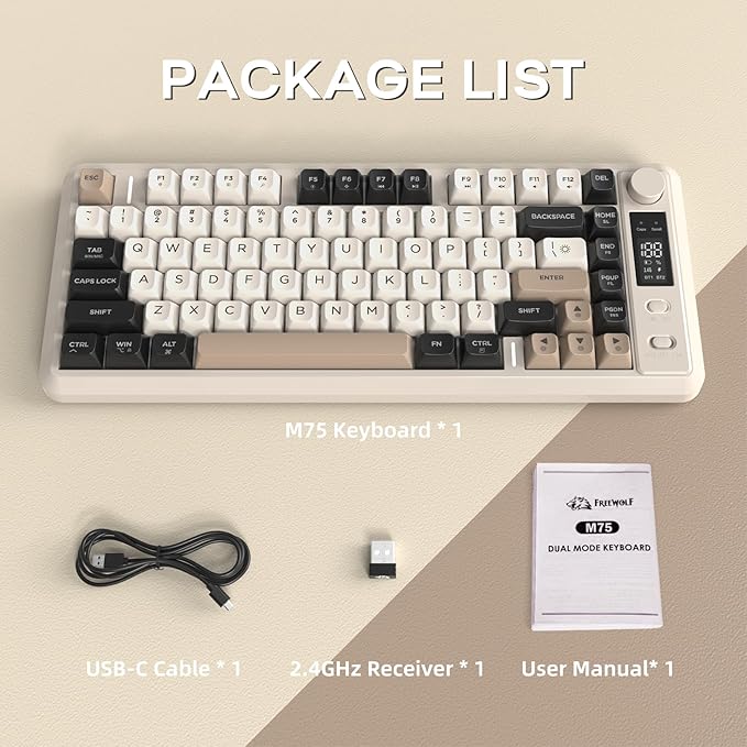 FREEWOLF M75 Wireless Gaming Keyboard Mechanical Feel Membrane with Knob & OLED Display Bluetooth/2.4Ghz Rainbow Backlit Gradient PBT Keycaps 2000mAH Battery Anti-Ghosting-Cheese