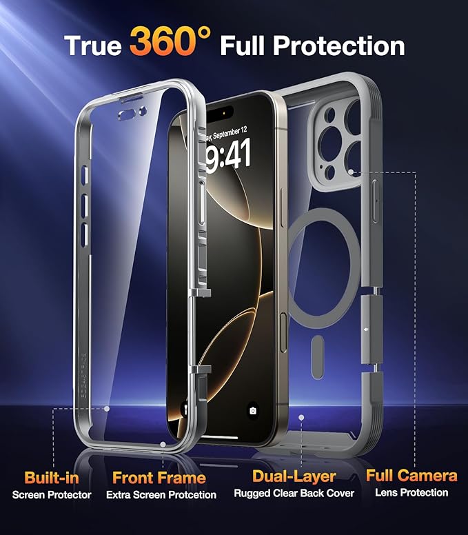 Diaclara Magnetic Designed for iPhone 16 Pro Case, Full Body Rugged with Touch Sensitive Anti-Scratch Screen Protector, Compatible with MagSafe, Soft Bumper Case for iPhone 16 Pro 6.3'', Gray