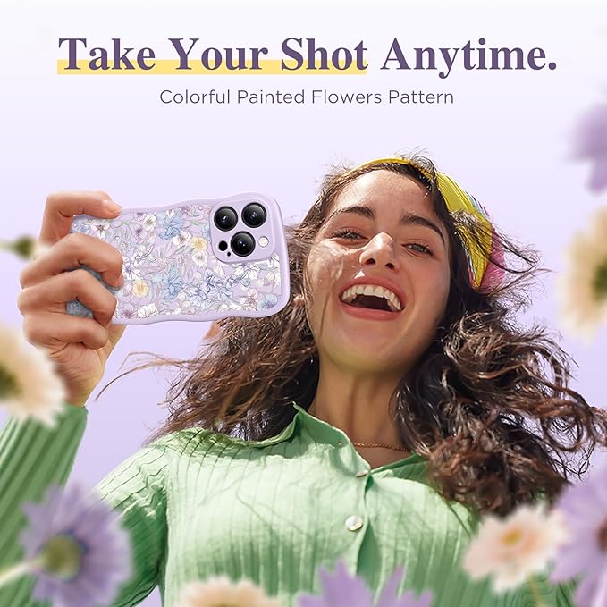 GVIEWIN for iPhone 15 Pro Max Case Compatible with MagSafe [Curly Wave Edge][Full Camera Protection]Floral Translucent Shockproof Magnetic Women Phone Case for 15 Pro Max 6.7'', Apricot Blossom/Purple