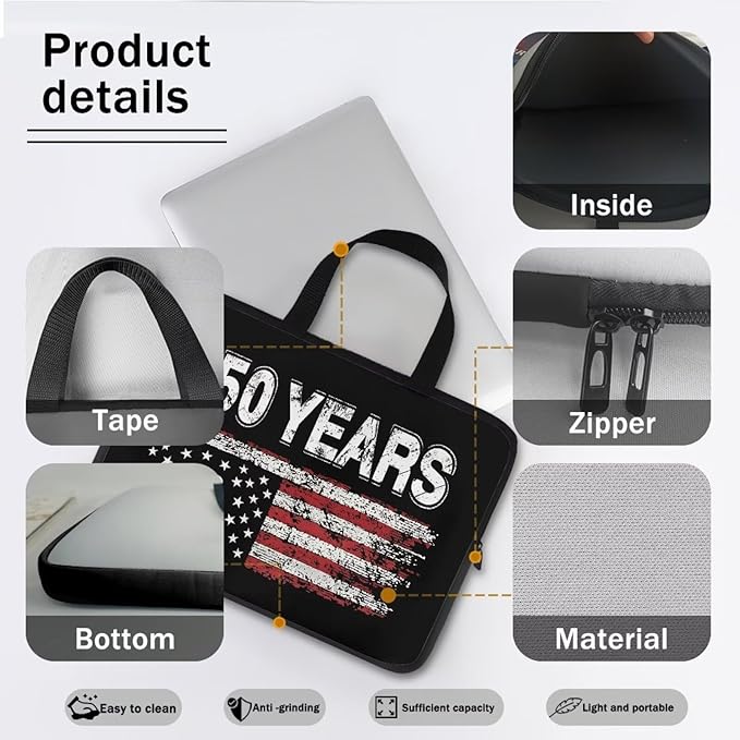 12 Inch Laptop Sleeve American Flag USA 250 Years Laptop Cover Computer Bag Tablet Carrying Case with Handle Tote Bags Notebook Sleeves Handbag Messenger Briefcase for 4th of July Decor