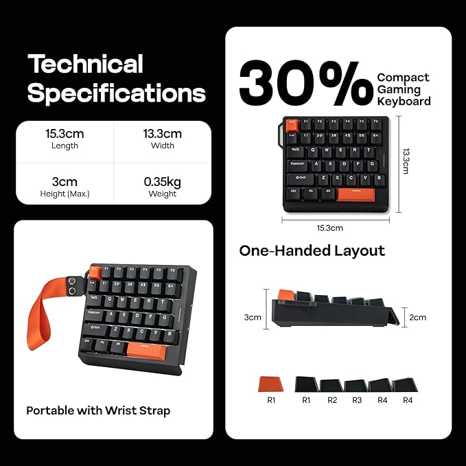 EPOMAKER HE30 One-Handed Hall Effect Keyboard, 8K Polling & 0.125ms, SOCD & Snap Key, Adjustable Trigger, PBT Keycap, RGB, Custom Software, Wired Gaming Keyboard for PC/Gamer (Black Orange)