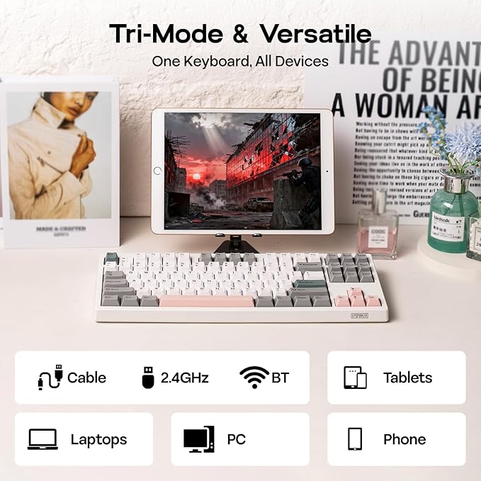 EPOMAKER TH87 Wireless Mechanical Keyboard with 10000mAh Battery, BT/2.4GHz/Wired, Hot Swappable Custom, PBT Keycap, RGB Backlit, Gasket, TKL Gaming Keyboard for PC/Mac (Creamy Jade Switch)