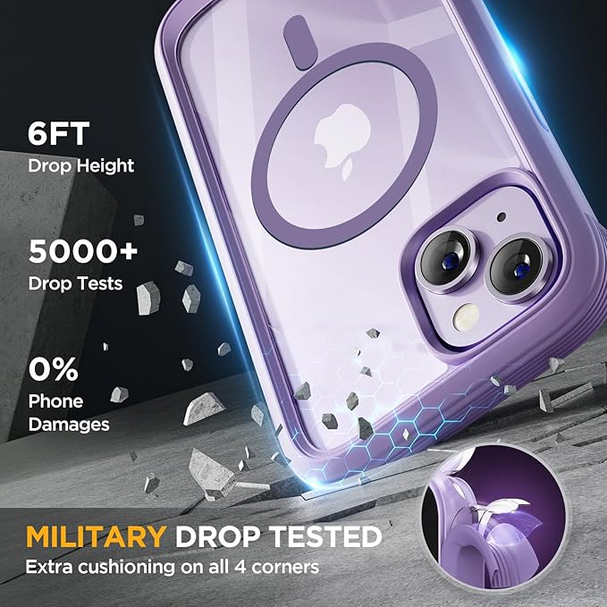Miracase Glass Series Designed for iPhone 14 Plus Case 6.7 inch, 2023 Upgrade Full-Body Magnetic Clear Case with Built-in 9H Tempered Glass Screen Protector,Compatible with MagSafe,Purple