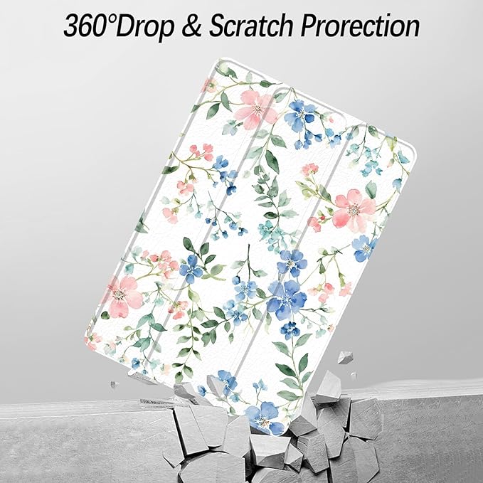 Case for iPad Pro 11-Inch M5/M4 2025/2024 (6th/5th Generation), Case with Pencil Holder, Clear Back Cover Cute Cool Design for Women Girls, Auto Sleep/Wake, Blue Pink Flower