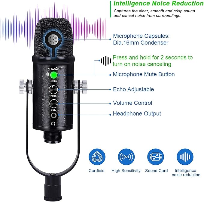 USB Microphone Condenser Computer PC Gaming Mic Podcast Microphone Kit for Streaming,Recording,Vocals,ASMR,Voice,Cardioid Studio Mic for Phone/Pad/Android/MAC/Laptop/PS4/USB C Phone,YouTube