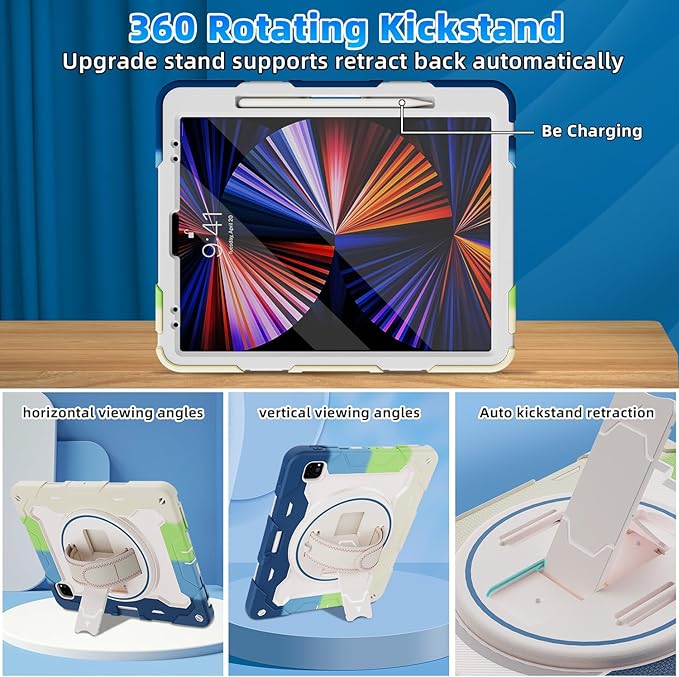 for iPad Pro 12.9 inch Case (6th/5th/4th/3rd Gen),Not fit iPad 12.9 2nd/1st Gen with Screen Protector for Kids with 360 Kickstand Hand Strap Pencil Holder [15ft Drop Protection]