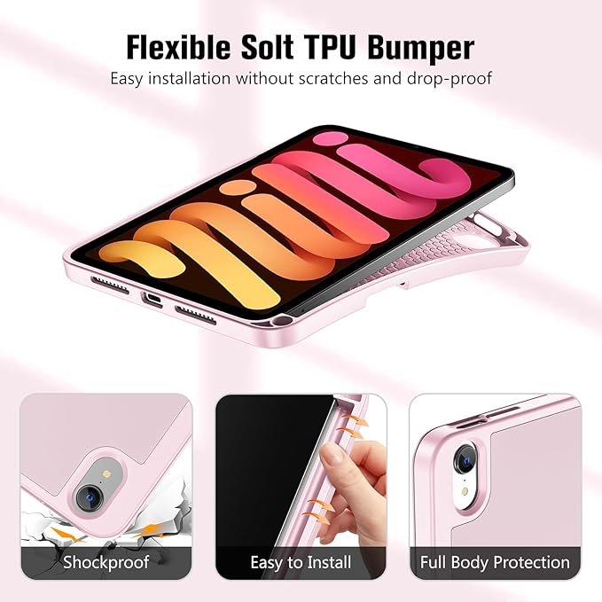 ProCase for iPad mini 7 A17 Pro 2024/iPad Mini 6 2021 8.3 Inch iPad mini 7th/6th Gen Case with Pencil Holder, Trifold Stand Smart Folio with Soft TPU Back Cover for iPad mini 8.3" 7th/6th -Lightpink