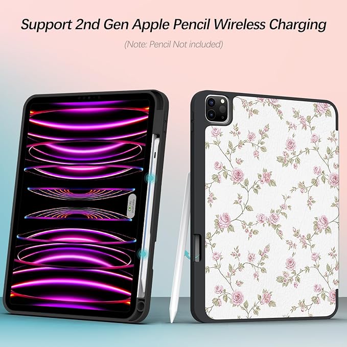 Case for iPad Pro 11 inch 4th/ 3rd/ 2nd / 1st Generation (2022/2021/2020/2018) Case with Pencil Holder, Auto Sleep/Wake, Girly Women Cute Design Pro 11 inch Cover with TPU Back, Pink Flowers