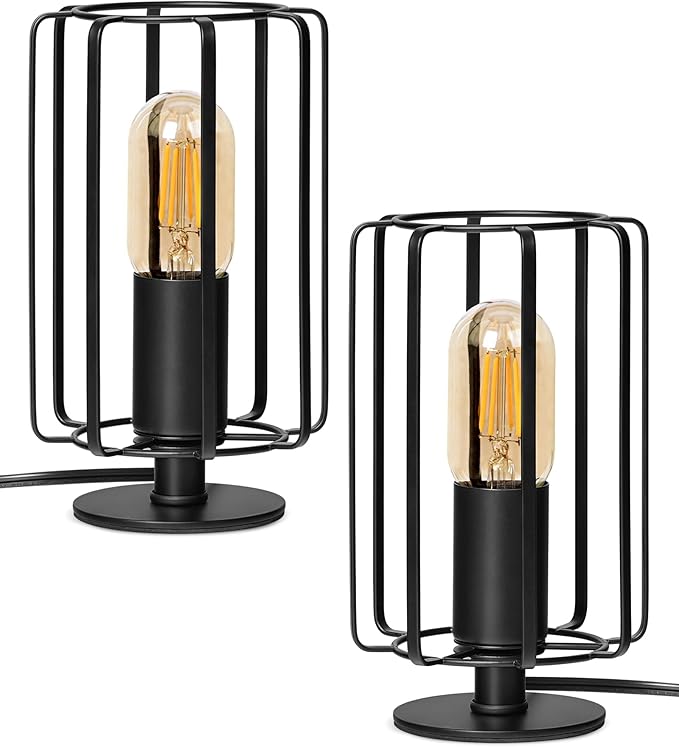 Industrial Table Lamp Set of 2, Small Bedside Lamp with Dimmable 2400K Warm Light LED Bulb, Vintage Desk Lamp, Rustic Nightstand Lamp for Bedroom, Study, Office, Small Space, Black B05TLP205