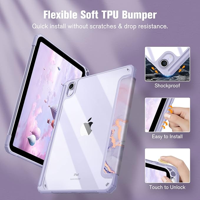 Fintie Hybrid Slim Case for iPad Mini 7 (A17 Pro, 7th Generation) 2024 / iPad Mini 6 (6th Gen) 8.3 Inch, [Built-in Pencil Holder] Shockproof Cover Clear Transparent Back Shell, Lilac Marble