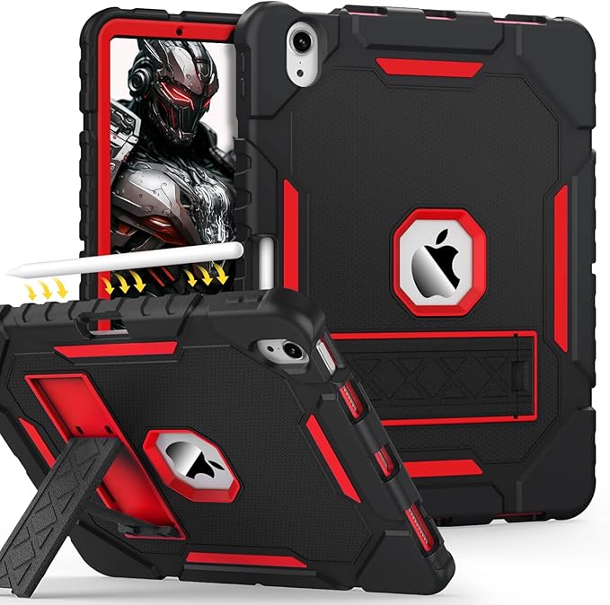 Grifobes Case for iPad Air 11-inch (M4/M3/M2) 2026/2025/2024, for iPad Air 5th/4th Generation 2022/2020 10.9", Heavy Duty Rugged Cover with Stand/Pencil Holder for i Pad Air 5 4 Gen(Black+Red)