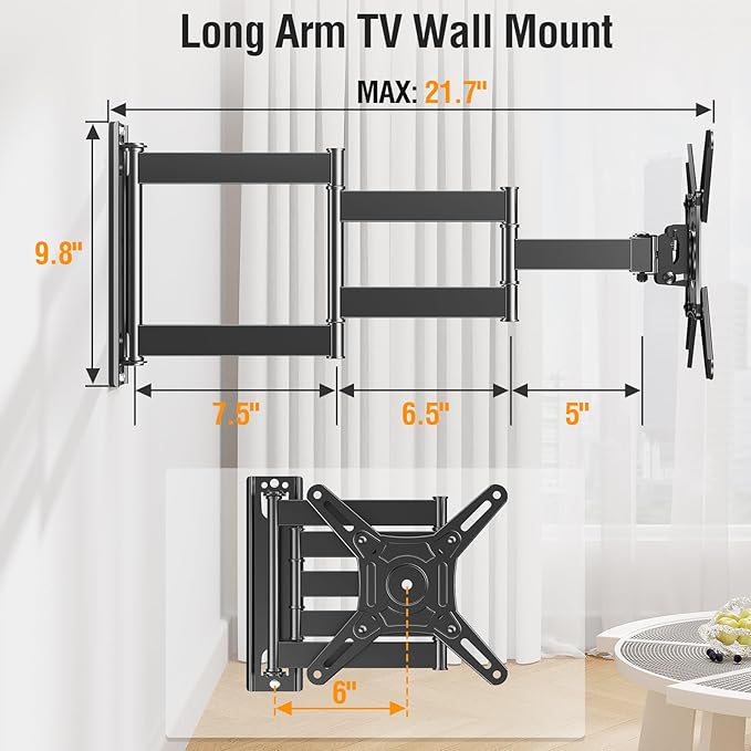ELIVED Long Arm TV Wall Mount for Most 14-42 Inch tvs & Monitors, 21.7 Inch Long Extension TV Mount Swivel and Tilt, Full Motion Wall Mount Bracket Fit Max VESA 200x200mm, Holds up to 44 lbs.
