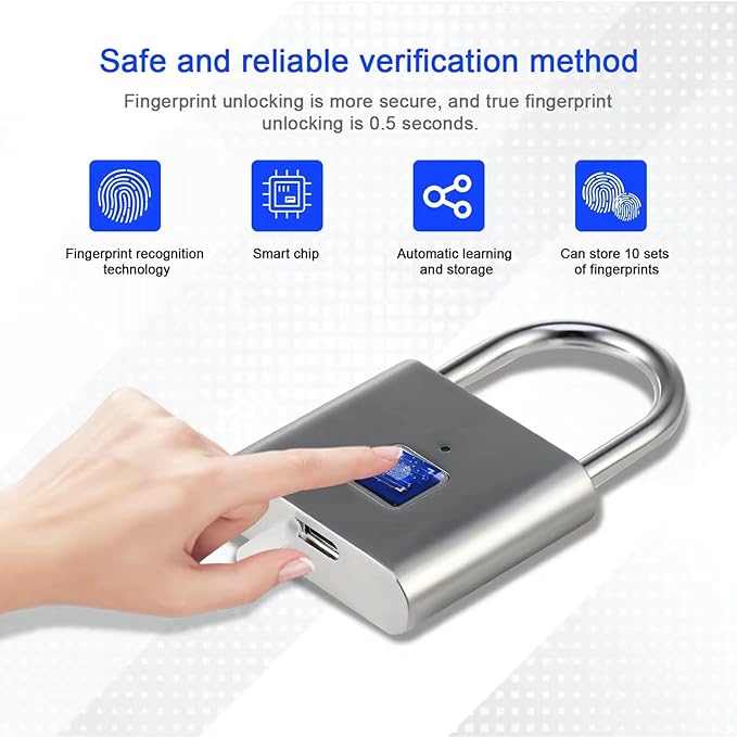 HIFAM Fingerprint Padlock, Keyless Biometric Gate Locks for Outdoor Fence Storage Gym, Smart Lock with USB Rechageable (Silver)