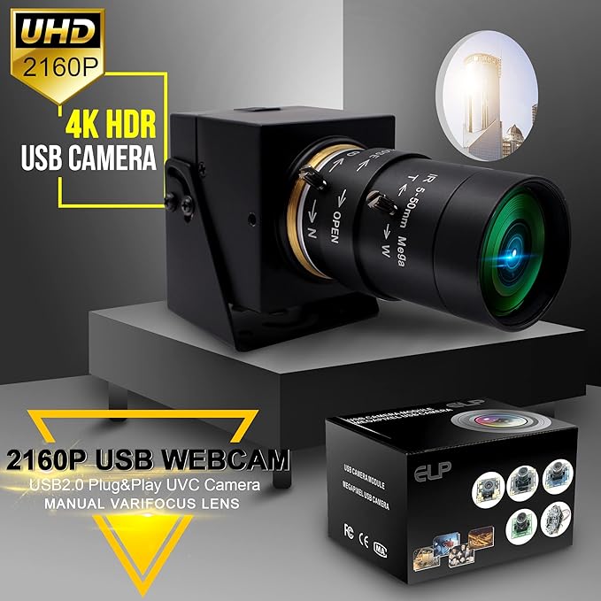 4K Ultra HD USB Webcam, 5-50mm 10X Optical Manual Zoom Lens, 2160P High Definition Camera for Live Streaming, Video Conference, Lightburn, Plug & Play for Windows Mac OS Linux