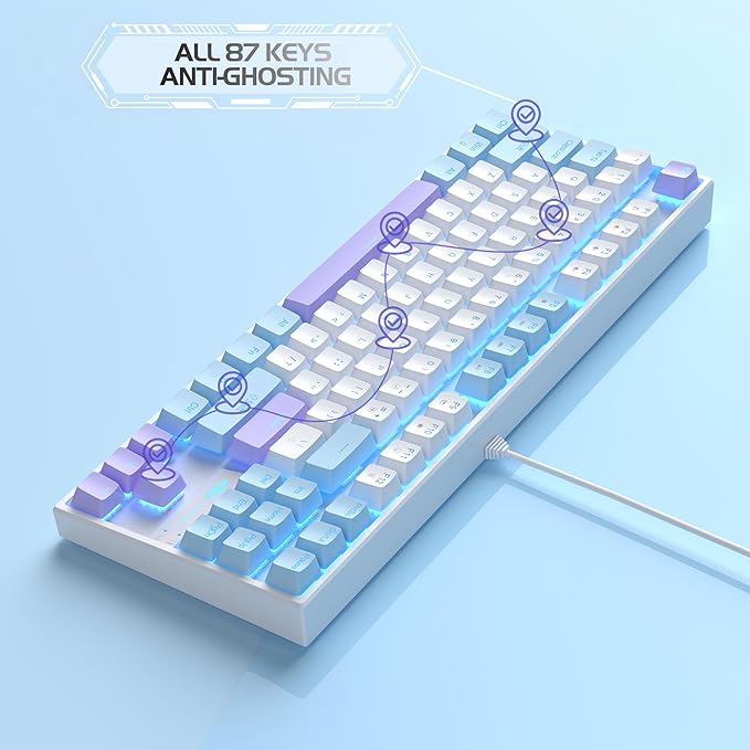 MageGee 75% Mechanical Gaming Keyboard, Red Switch, LED Blue Backlit, 87 Keys Compact TKL Wired Keyboards for Windows Laptop PC Gamer - White/Blue