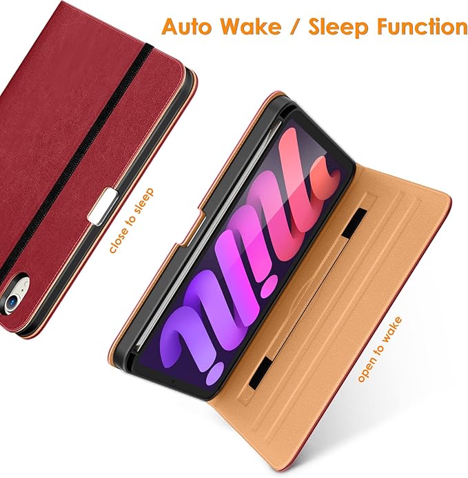 DTTO for iPad Mini 7th (A17 Pro) 2024/iPad Mini 6th Generation Case 2021 8.3 Inch, Premium Leather Business Folio Stand Cover for Mini 7/6 with Pencil Holder-Multiple Viewing Angles, Red