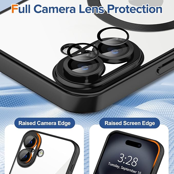 Hython Magnetic Clear for iPhone 16 Case with Camera Lens Protector [Compatible with MagSafe] Luxury Plating Edge Slim Soft TPU Cover Protective Phone Case for iPhone 16 6.1", Matte Black