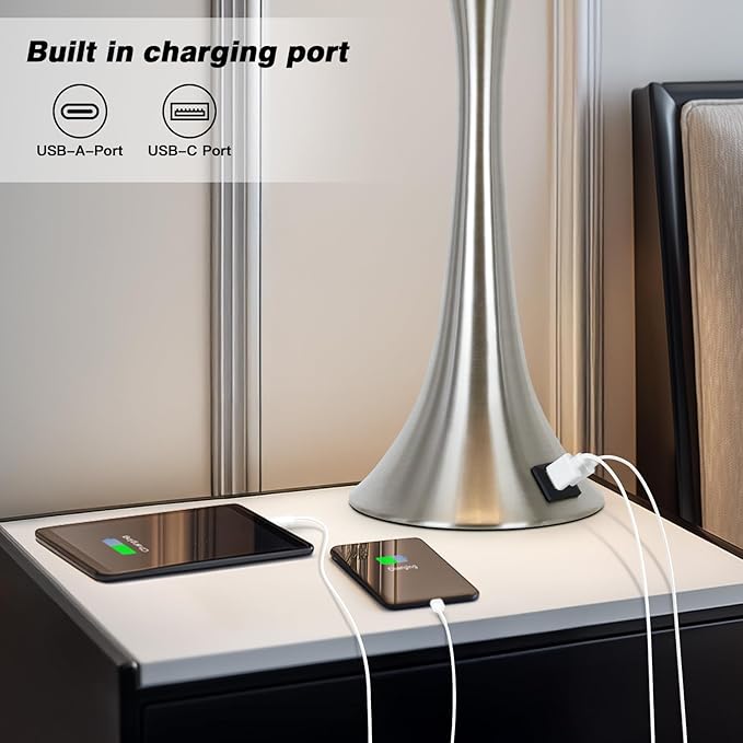 Rinweey 27.5" Silver Table Lamps Set of 2, Touch Bedside Lamps with USB C+A Ports, 3 Way Dimmable Nightstand Lamps for Bedroom, Living Room, Office, Silver Lamp with Beige Lampshade, Bulbs Included